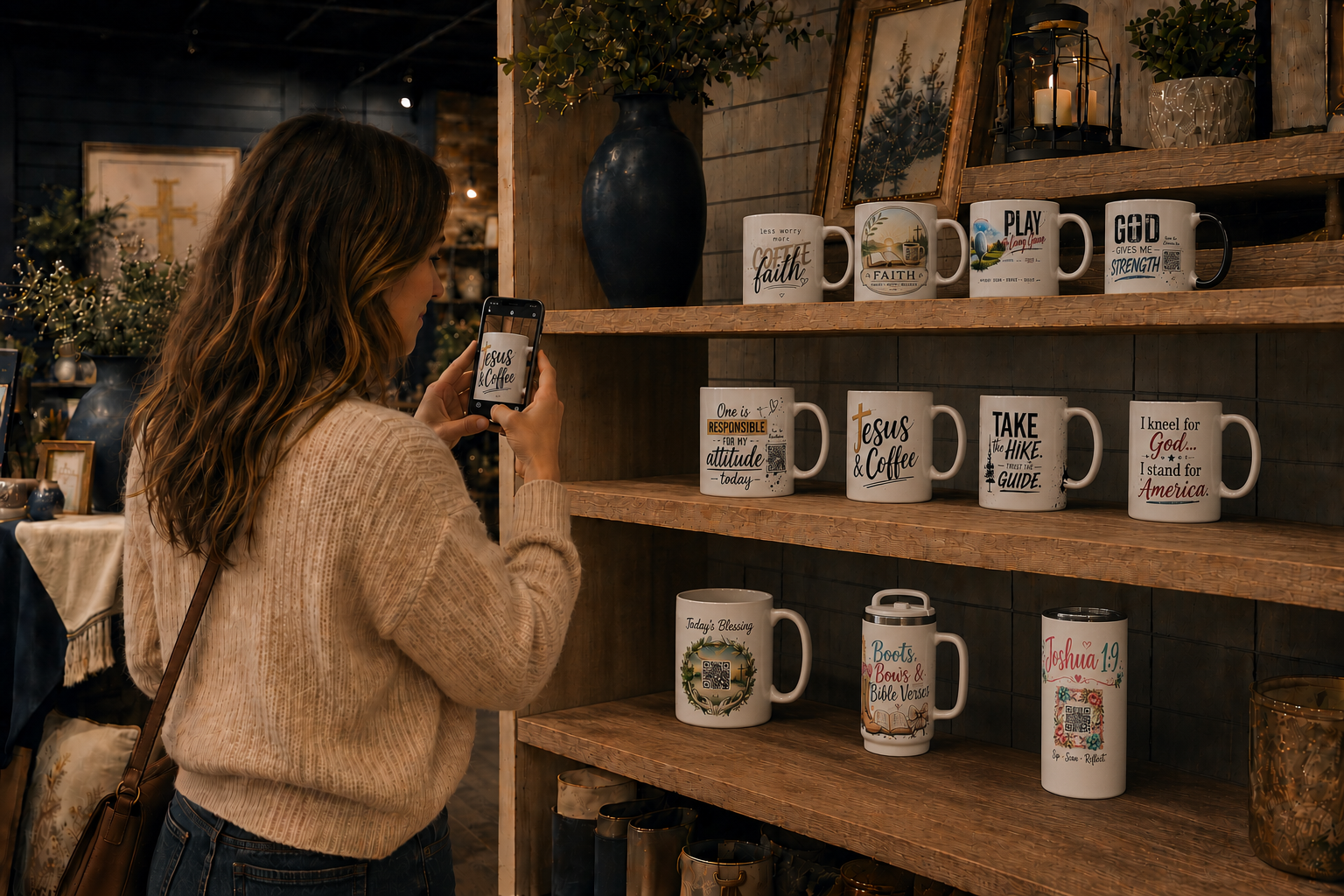 Woman scanning a My Faith Encounters mug in a shop